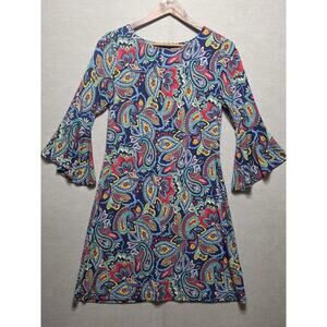 Leslie Fay Paisley Dress Size 4 Blue Bell Sleeve Stretch Shift